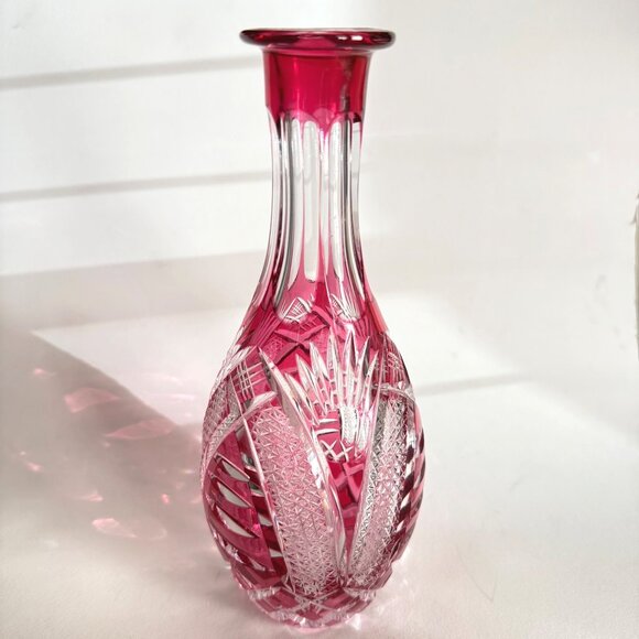 handcut Crystal Vase/decanter? Intricate Ruby/Pink Clear cut/Etched 9.25" - Picture 9 of 9